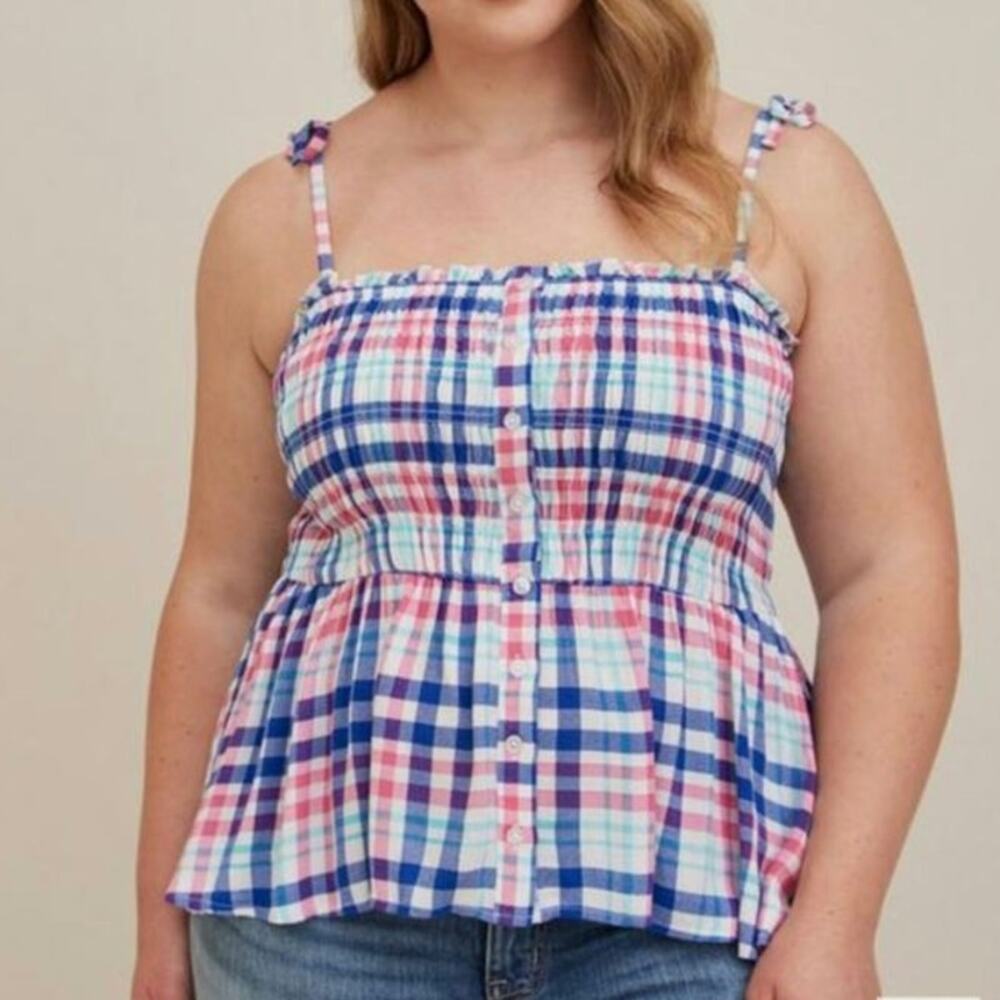NWT Torrid Crinkle Gauze Plaid Peplum Smocked Cami